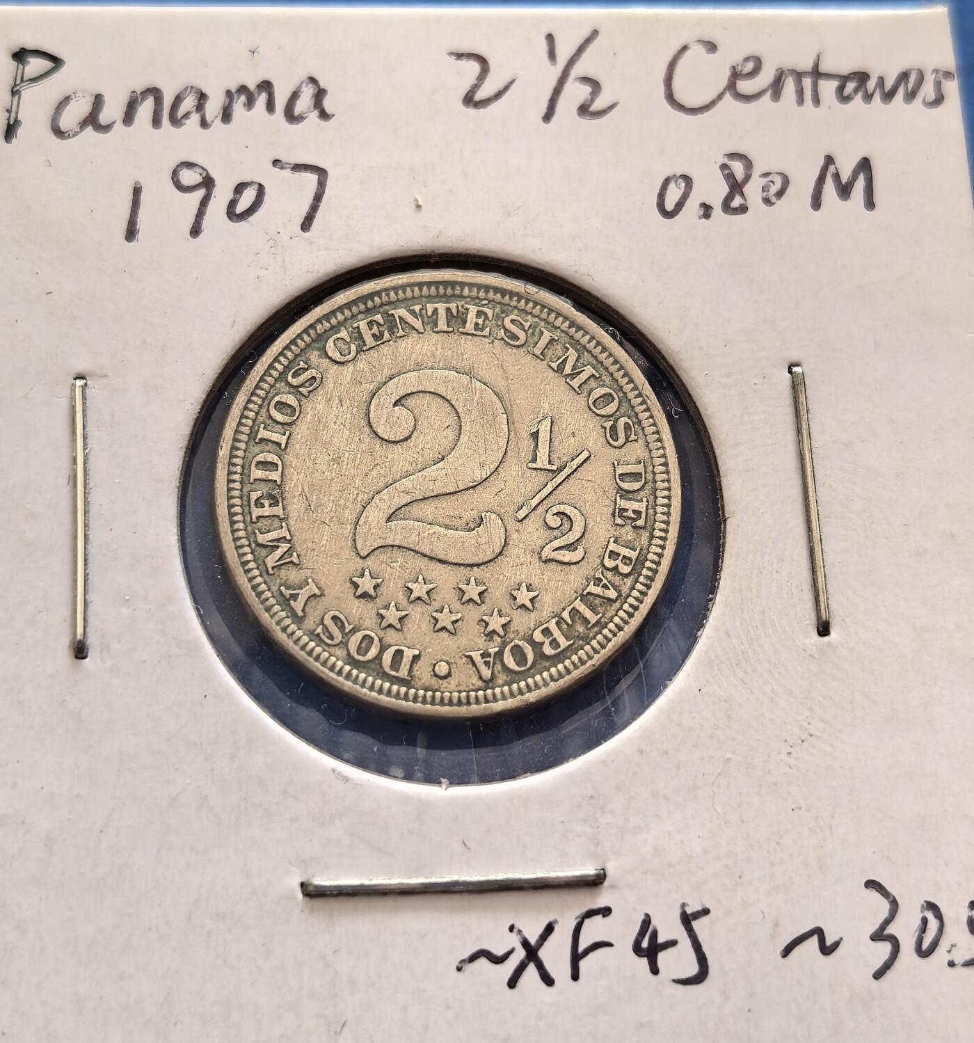 外国优质老铜币银币，周六九点倒数截拍，满百包邮，可寄存半年，喜欢朋友微信扫描二维码可直接参拍 巴拿马1907年2.5分