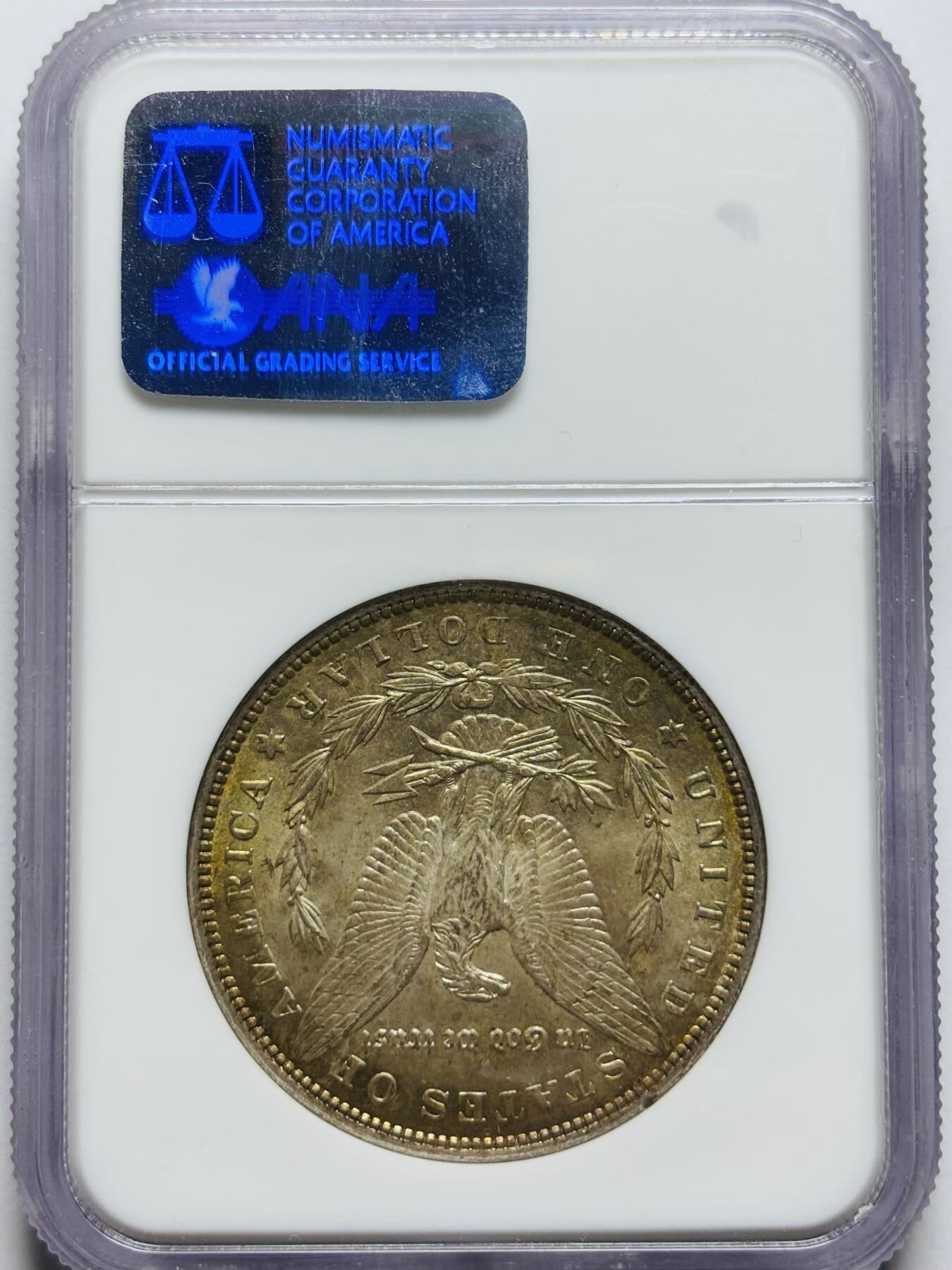 文馨钱币收藏第 283 场，【大雪鉴珍，寒英缀金】金银纪念币精品场，诚邀您的参与【长期接代拍品】 1889 年美国摩根鹰洋，早期老盒 NGC 评级 MS64 分，正宗黄油转光包浆，特别养眼，炫光感强，老盒出分把控更加严格，64 分已属不易