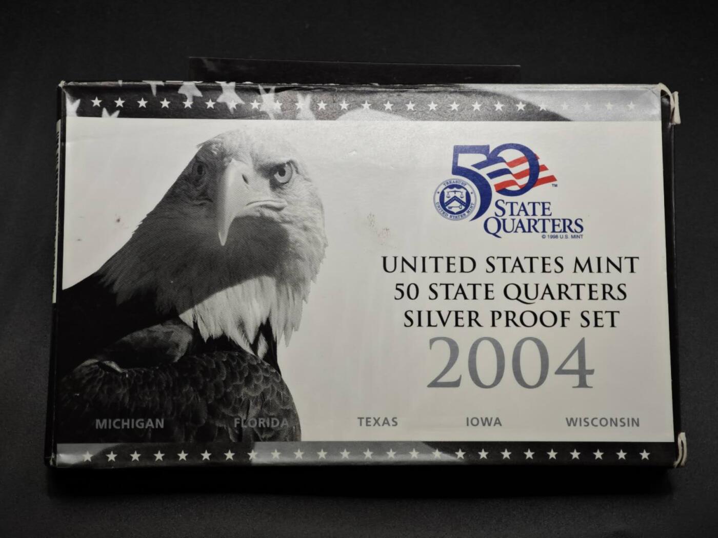 【淘币小摊】实时拍第八百一十五拍   银币套币场   满百包邮可预留二周 每周一统一发货   美国2004年州币精制银币5枚套原盒原证每枚重6.25克900银 银价363