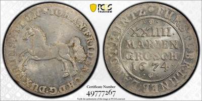 万国钱币拍卖第056期 - PCGS MS62  1674年德国布伦瑞克-吕讷堡-卡伦贝格飞马2/3泰勒，24圣玛丽格罗申银币，36mm。唯一记录冠军分，少见品种。阿尔默·奥尔三世集藏。经典汉诺威骏马图案，原银强光泽。清康熙十三年的银币，熠熠生辉十分不易。1676 年，卡伦贝格公爵约翰任命莱布尼茨为枢密顾问兼重要公爵图书馆的管理员。欧洲最杰出的哲学家和数学家之一的莱布尼茨与汉诺威家族的40年关系由此开始