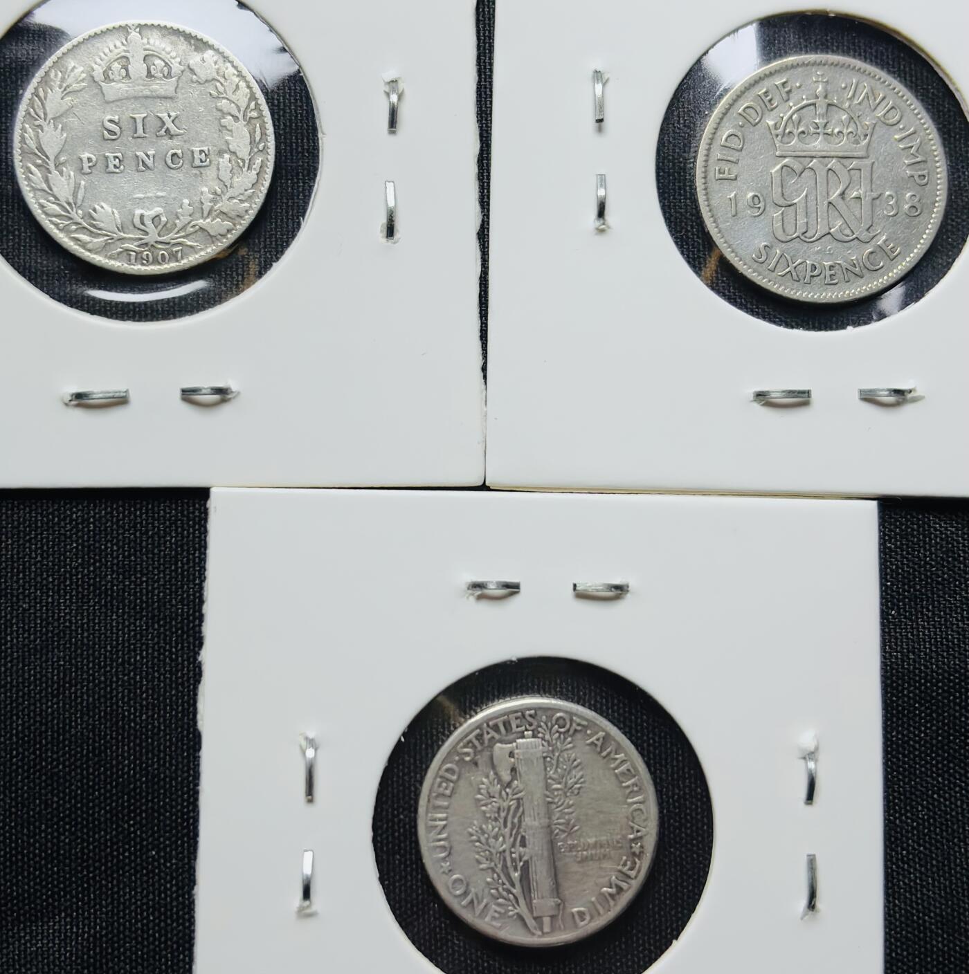 文馨钱币收藏第 284 场，【 长期接收代拍品】老藏家拍品南朝鲜李承晚时期货币，泰国大型纪念币，土耳其各时期及各国套币场 好品英国 1907 年爱德华七世，1938 年乔治六世 6 表示银币➕美国小飞侠 10 美分银币 S 版共 3 枚