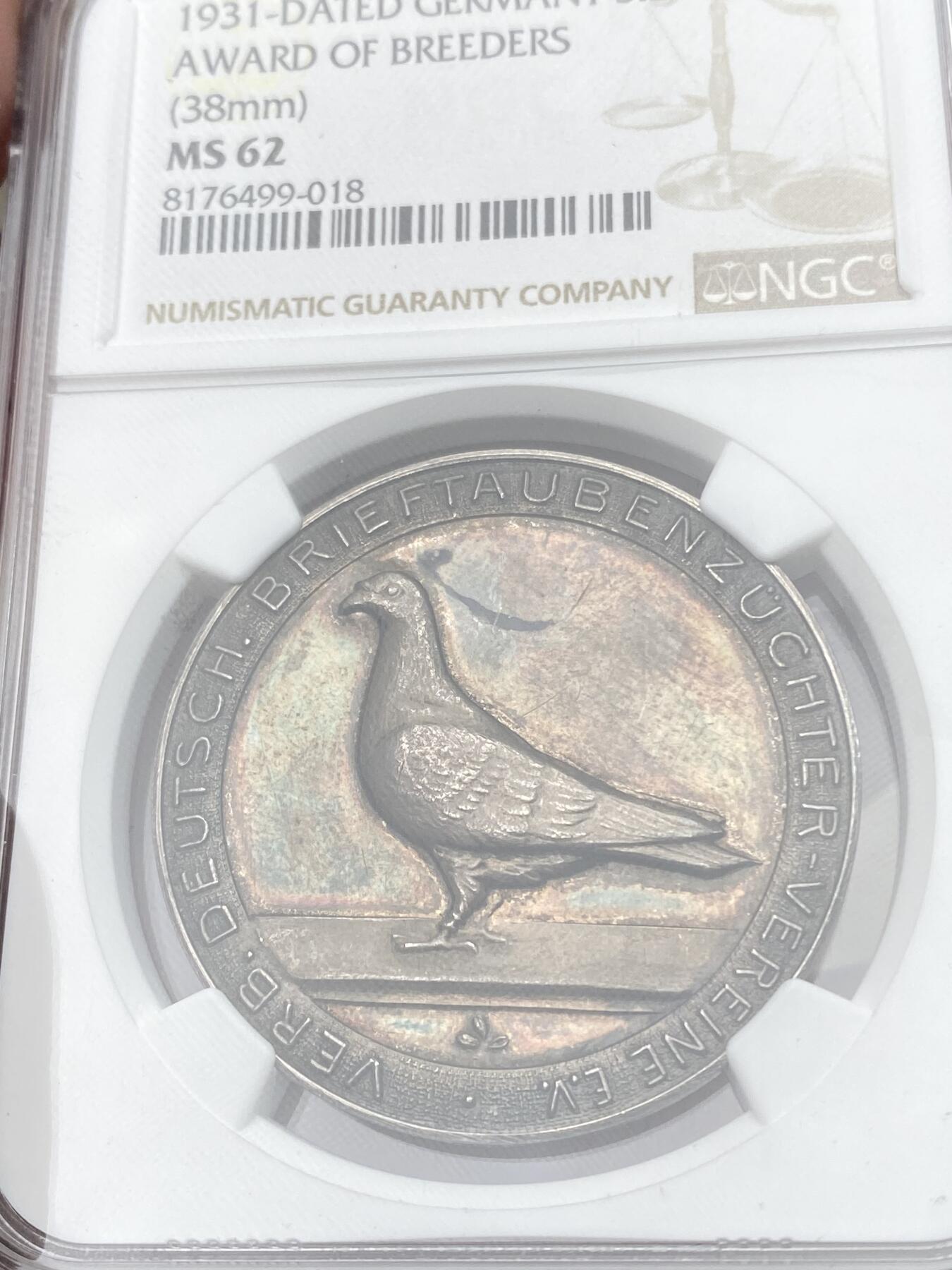万国钱币拍卖第056期 NGC MS62 1931年德国信鸽育种协会纪念大银章 信鸽刻画非常精细 和平女神献上祝福