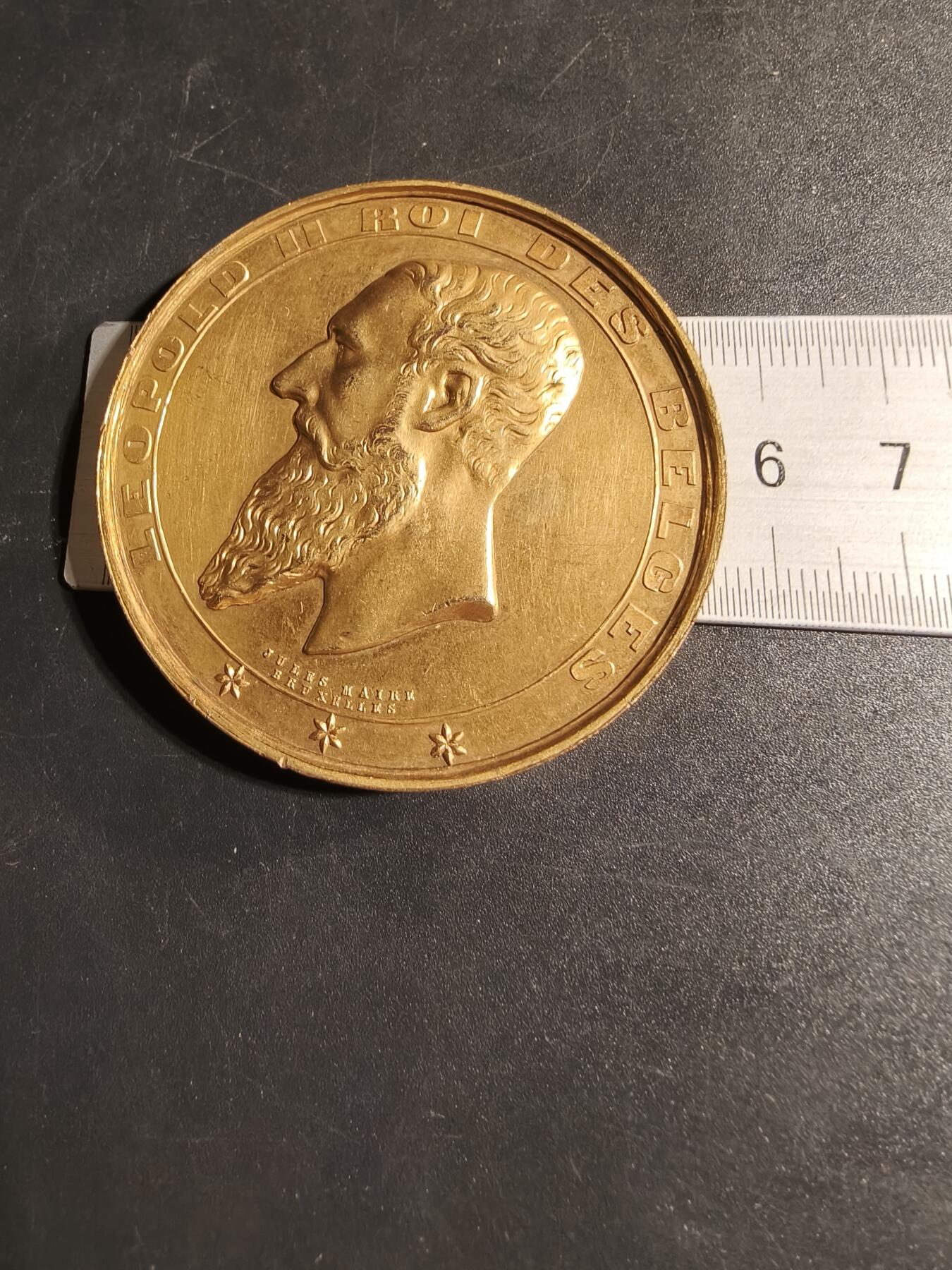 老王徽章第167期 比利时1897 年布鲁塞尔-特尔菲伦国际博览会镀金大铜章     正面为利奥波德二世国王头像     直径56mm.    重量73.3g