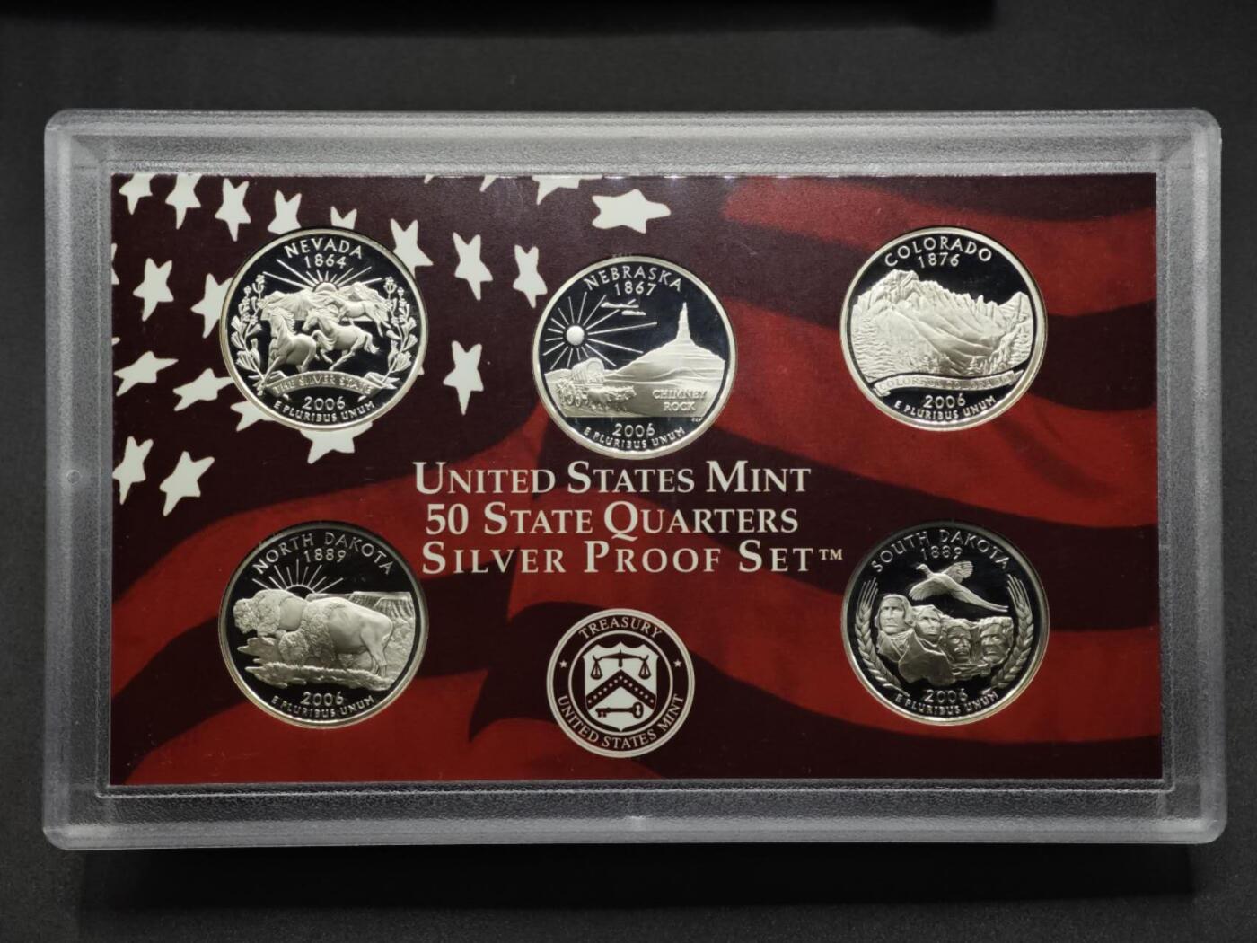 【淘币小摊】实时拍第八百一十五拍   银币套币场   满百包邮可预留二周 每周一统一发货   美国2006年州币精制银币5枚套原盒原证每枚重6.25克900银 银价363