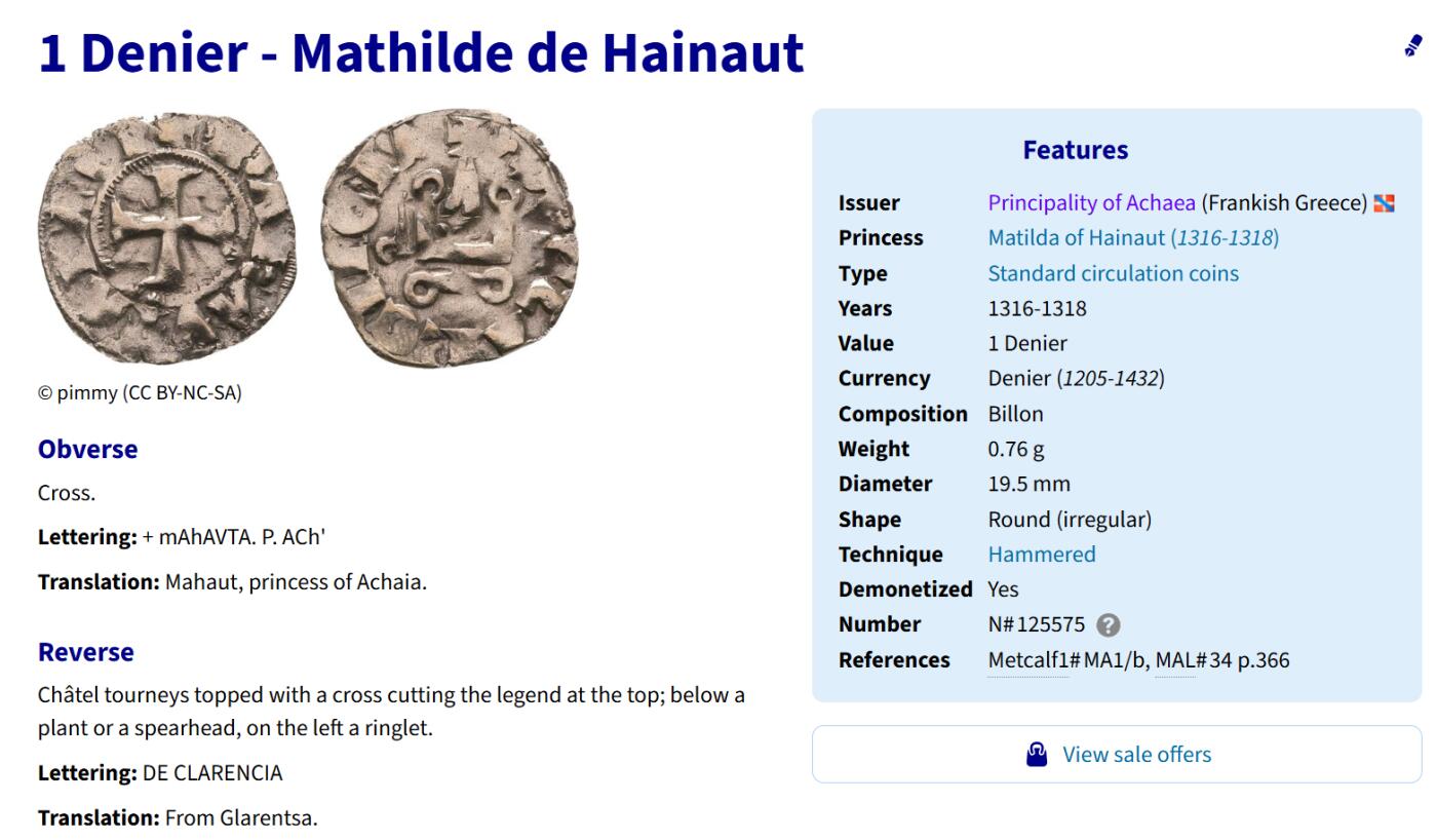 【良泉】【2025年最后一场】12月18日晚19.30点开拍！188组【直播场】西方古代钱币、丝路杂项、印章！ 【罕见】公元1316-1318年【中世纪·十字军】亚该亚公国女大公——“艾诺的玛蒂尔达”发行，第纳尔银币，0.65克