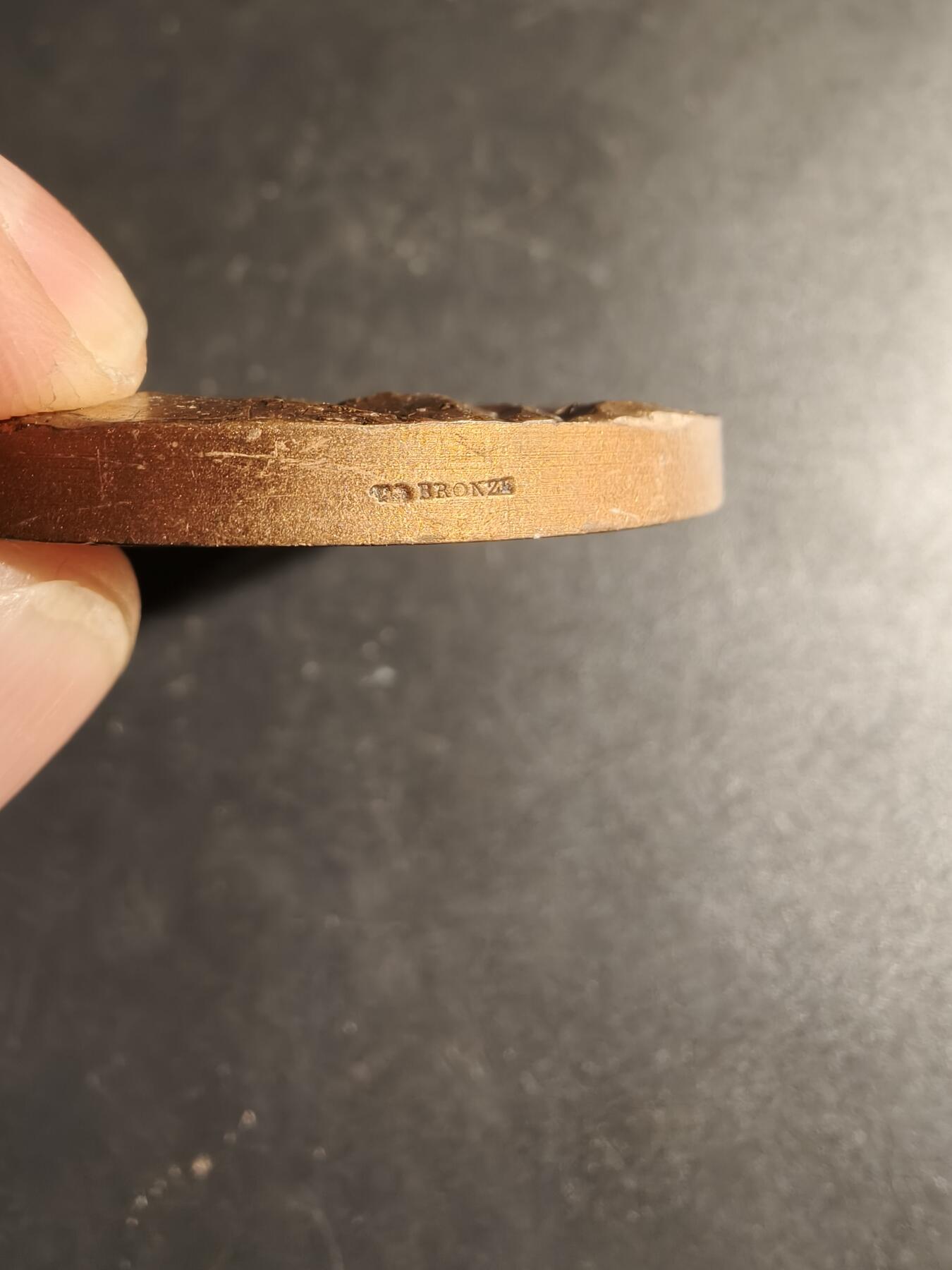 老王徽章第167期 法国退伍军人、战争受害者和战争之友协会阿尔及利亚战争30周年大铜章       高浮雕      正面描绘了和平鸽飞越被战争摧毁的城镇上空，背景是废墟和一片墓地，象征着对战争的控诉和对和平的渴望      直径 54mm.     重量104.1g