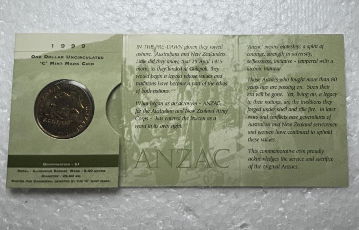 文馨钱币收藏第 284 场，【 长期接收代拍品】老藏家拍品南朝鲜李承晚时期货币，泰国大型纪念币，土耳其各时期及各国套币场 稀少原光澳大利亚1999年1澳元新澳军团90周年纪念币 卡册币