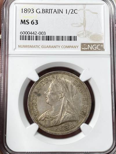 万国钱币拍卖第056期 - NGC MS63 1893英国维多利亚女王披纱半克朗 原味英伦五彩转光
