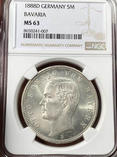 万国钱币拍卖第056期 - NGC MS63 1888巴伐利亚奥托流通短翅5马克 慕尼黑厂铸造 三皇年份 比路二少见很多的巴伐利亚短翅系列 全深打光度炸裂