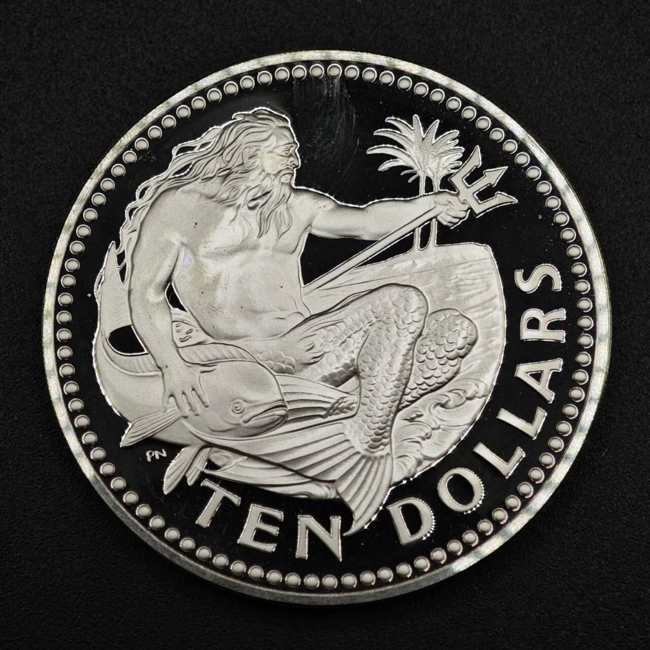 【淘币小摊】实时拍第八百一十五拍   银币套币场   满百包邮可预留二周 每周一统一发货   巴巴多斯1974年10元海神精制银币 重37.9克925银 纯银价452