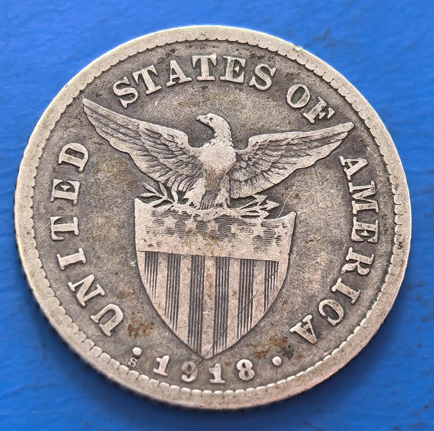 外国优质老铜币银币，周六九点倒数截拍，满百包邮，可寄存半年，喜欢朋友微信扫描二维码可直接参拍 菲律宾1918年20分S版银币