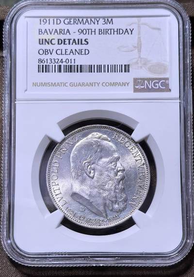 北京马甸外国币专卖第147期，外国币专场，陆续上拍，欢迎关注 - 德国巴伐利亚1911年3马克银币，利奥波德90寿诞纪念，16.667g，NGC评级UNC