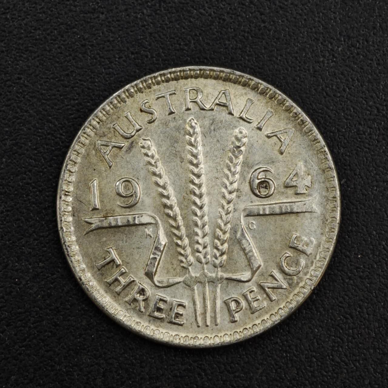 【淘币小摊】实时拍第八百一十四拍   散币场   满百包邮可预留二周 每周一统一发货   澳大利亚1964年伊丽莎白二世3便士银币