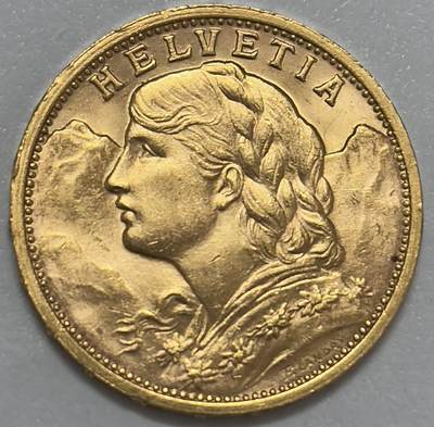 文馨钱币收藏第 283 场，【大雪鉴珍，寒英缀金】金银纪念币精品场，诚邀您的参与【长期接代拍品】 - 原光 1907 年瑞士雪山女神 20 法郎金币，重 6.4 克金 底板丝滑无比，金光闪闪，第二版 B 厂，品相实属不易的投资收藏品