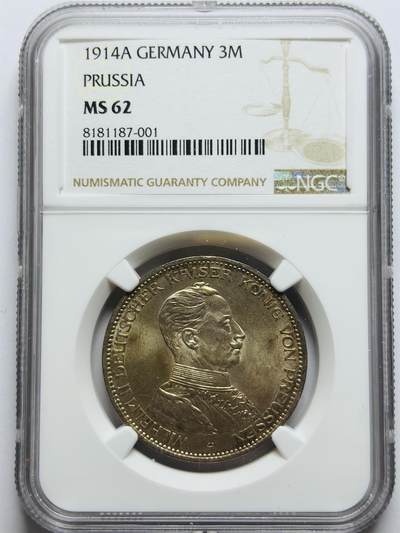 文馨钱币收藏第 283 场，【大雪鉴珍，寒英缀金】金银纪念币精品场，诚邀您的参与【长期接代拍品】 - 少见 1914 年德国图鲁士国王威廉二世戎装 5 马克大银币 NGC 评级 MS62 分，带点黄油包浆又不失车轮转光感，丝滑清晰