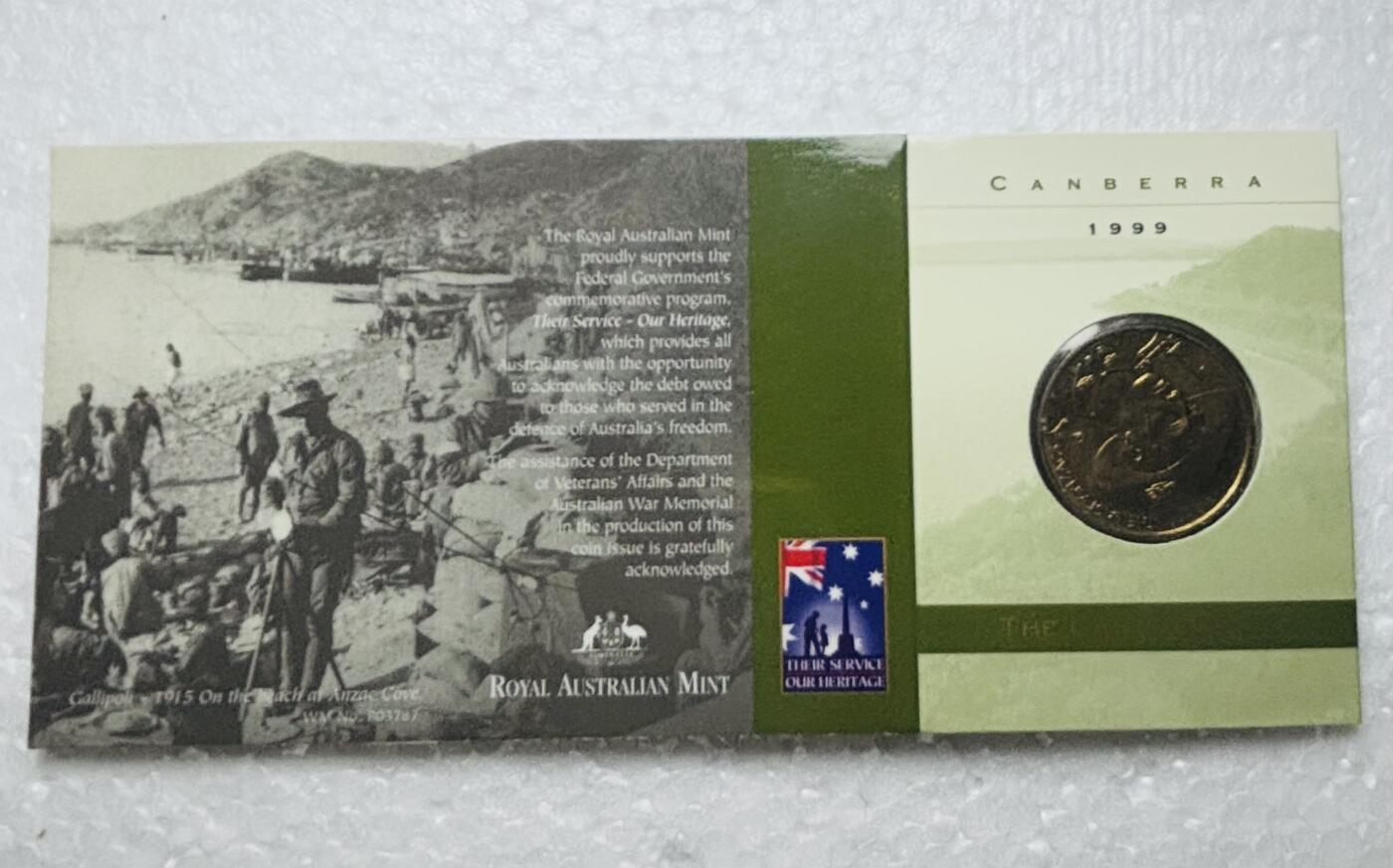 文馨钱币收藏第 284 场，【 长期接收代拍品】老藏家拍品南朝鲜李承晚时期货币，泰国大型纪念币，土耳其各时期及各国套币场 稀少原光澳大利亚1999年1澳元新澳军团90周年纪念币 卡册币