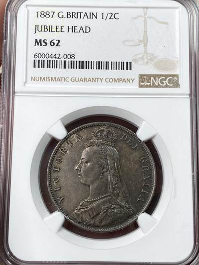 万国钱币拍卖第056期 - NGC MS62 1887年英国维多利亚女皇高冠半克朗 天鹅绒彩极美品