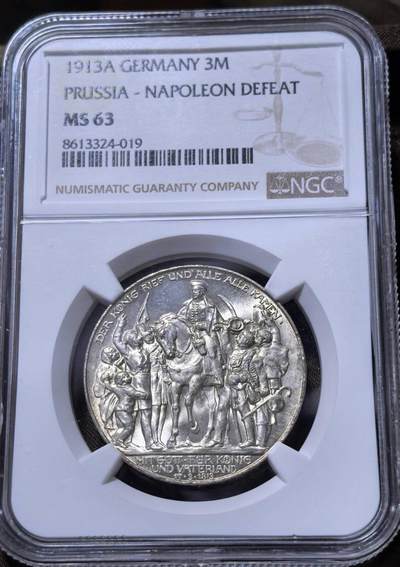 北京马甸外国币专卖第147期，外国币专场，陆续上拍，欢迎关注 - 1913年德国普鲁士战胜拿破仑普法胜利3马克银币，NGC评级MS63分