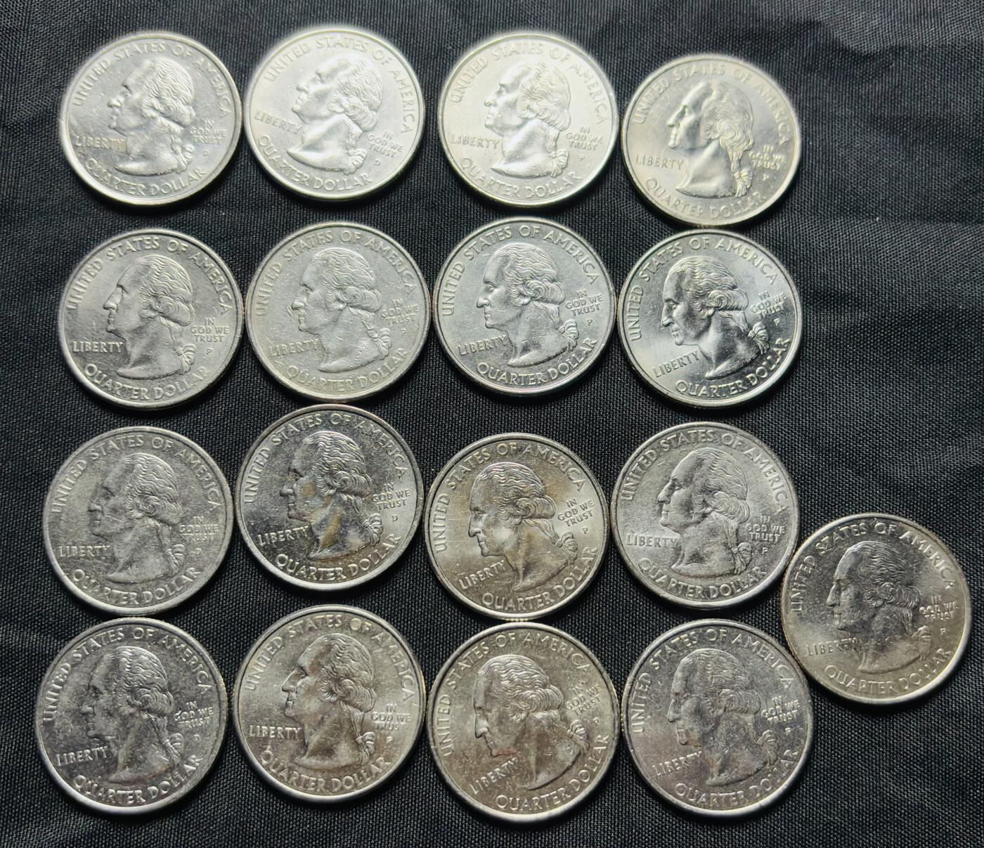 文馨钱币收藏第 284 场，【 长期接收代拍品】老藏家拍品南朝鲜李承晚时期货币，泰国大型纪念币，土耳其各时期及各国套币场 原光美国州币 25 美分 1999-2001 年 17 枚