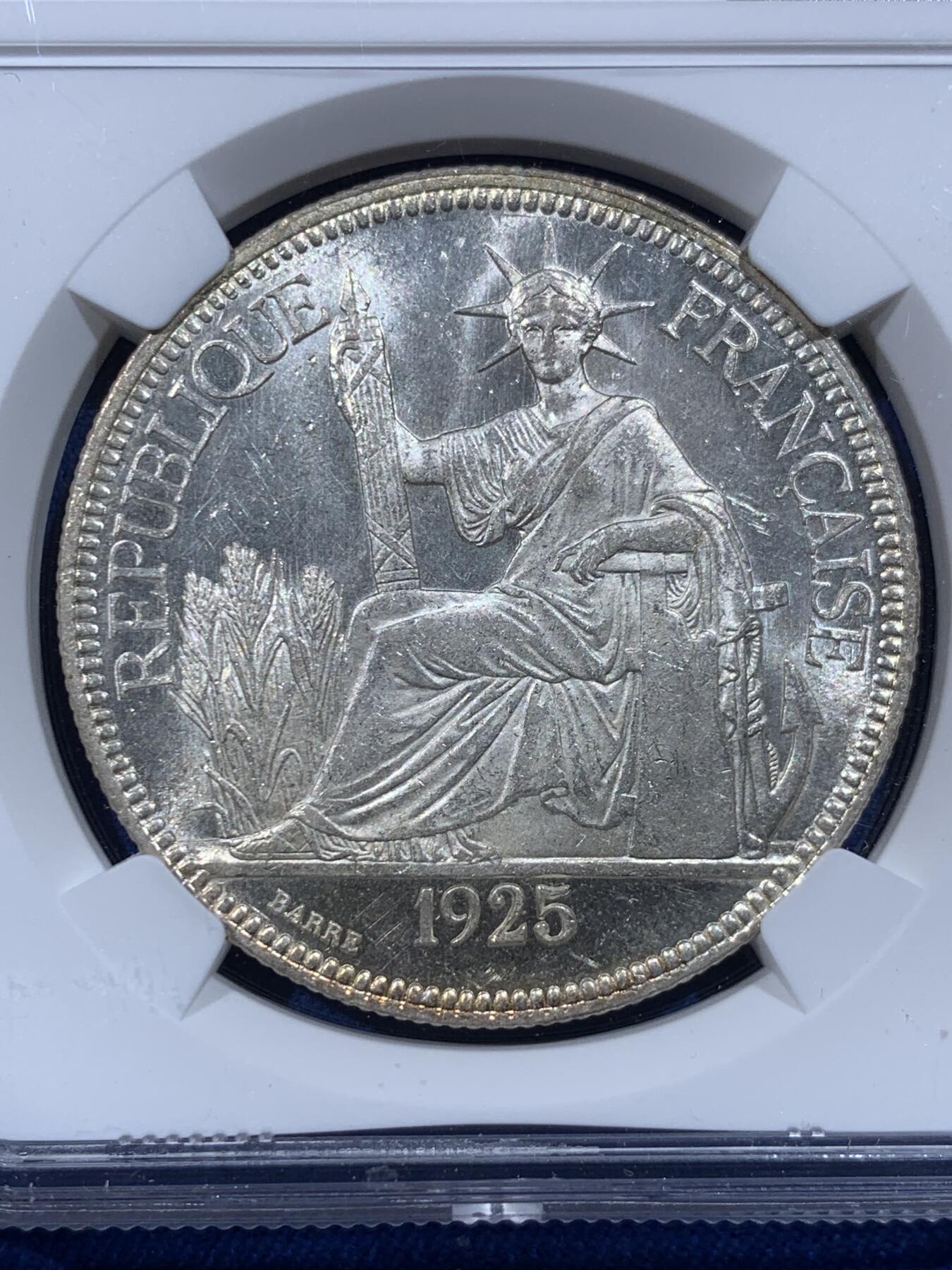 《竞宝斋》第444场 周日，周一，2场连拍 （全场包邮） NGC UNCD 法属印支1925年坐洋1皮阿斯特银币