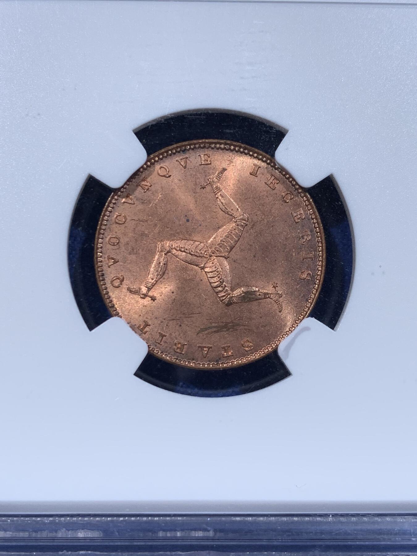 《竞宝斋》第444场 周日，周一，2场连拍 （全场包邮） NGC MS63+RD 1839英属马恩岛小维1/4便士铜币，单年版，极少见的近出厂级铜光，保存极佳，历经近200年光彩仍曜眼夺目，实属难得。初版小维头像+三条腿，铸量仅21万枚。年初同品种62BN稀奇700元不含佣成交，高分+RD平台首拍，错过难觅