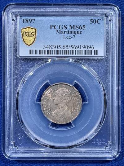 《竞宝斋》第444场 周日，周一，2场连拍 （全场包邮） - 冠军分 PCGS MS65 法属 马提尼克 1897年50分 法属殖民地品种顶级状态