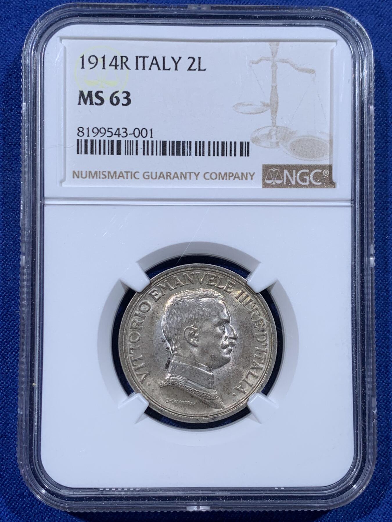 《竞宝斋》第444场 周日，周一，2场连拍 （全场包邮） NGC MS63 意大利 1914年 马车 2里拉 银币 意大利经典品种 全世界最美钱币之一 老包浆 标准品