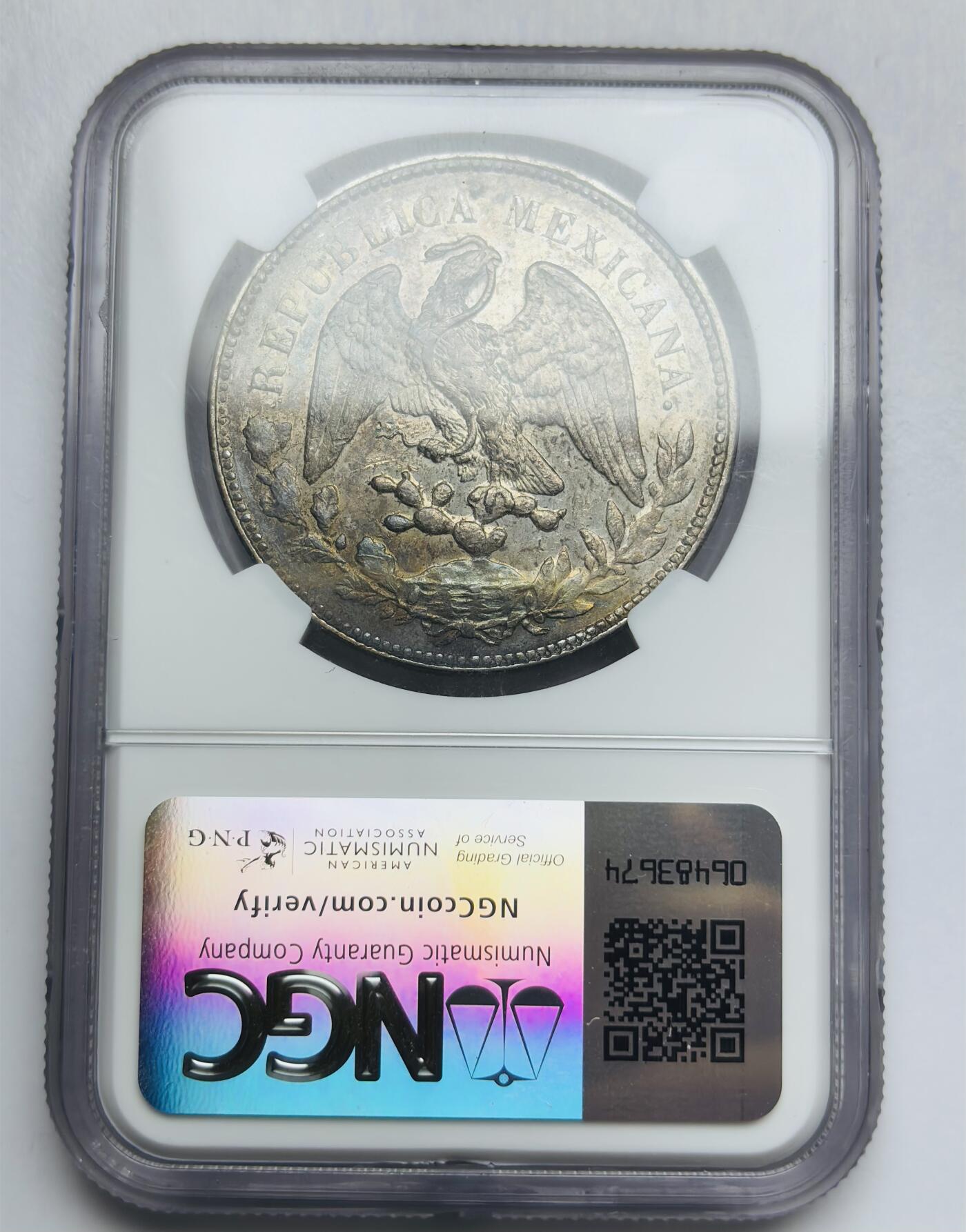 文馨钱币收藏第 283 场，【大雪鉴珍，寒英缀金】金银纪念币精品场，诚邀您的参与【长期接代拍品】 1900 年墨西哥鹰洋 1 比索大银元 NGC 评级 AU53 分，酱彩包浆