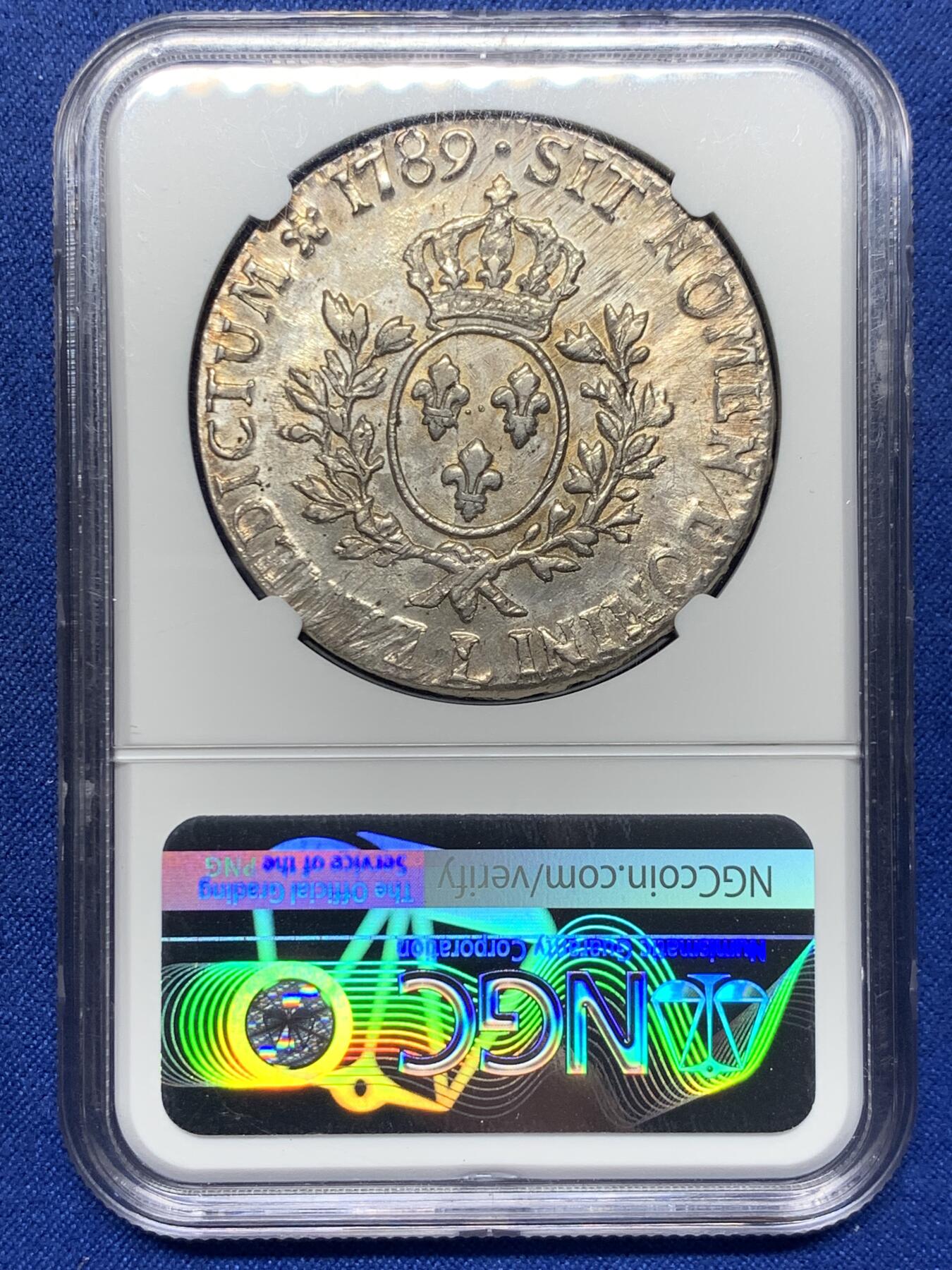 《竞宝斋》第444场 周日，周一，2场连拍 （全场包邮） NGC AU58 法国 1789年L 大革命年份 路易十六埃居大银币 打制不错 整体带光