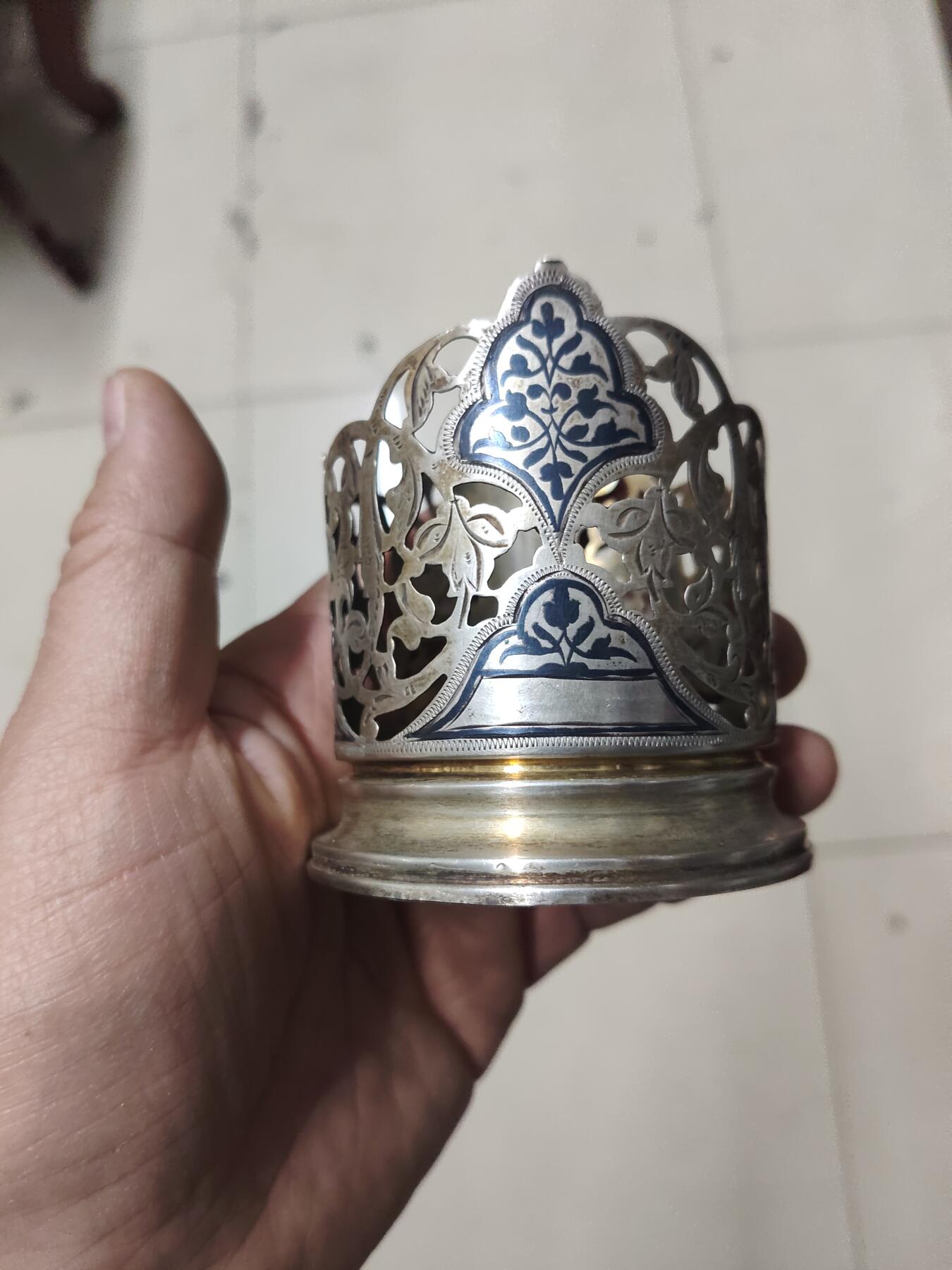 老银件 苏联乌银镶嵌老银制杯托4