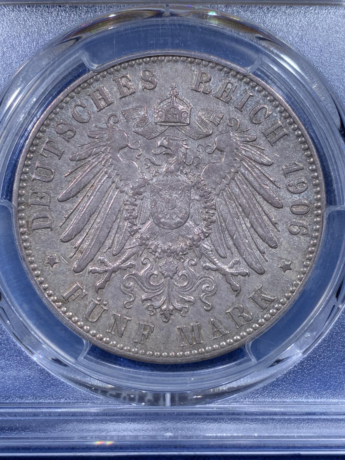 《竞宝斋》第444场 周日，周一，2场连拍 （全场包邮） PCGS MS64 德国1906J 不莱美5马克 银币 双面原味淡灰包浆 整体状态极优