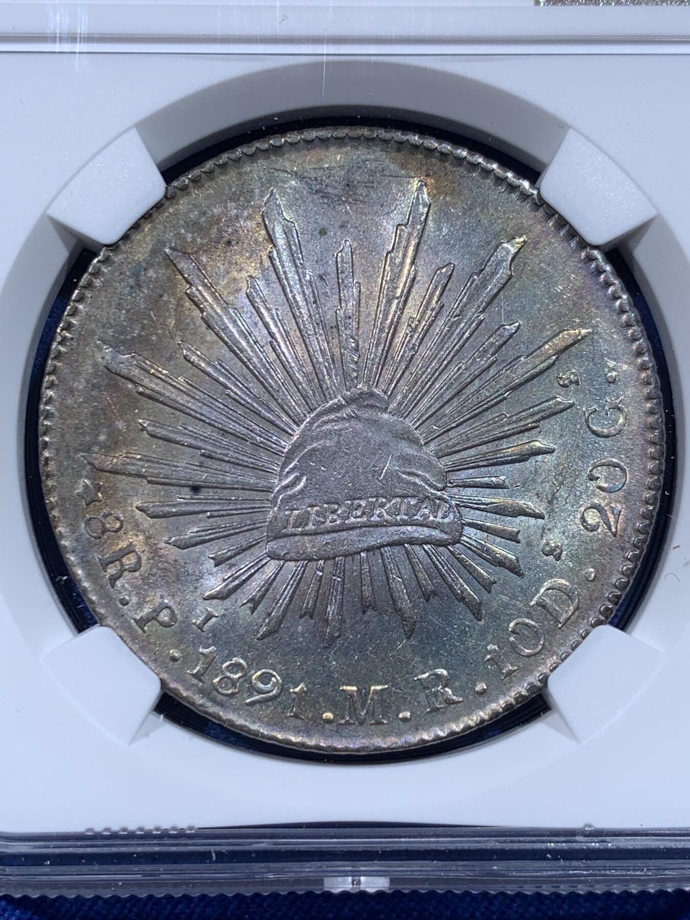 《竞宝斋》第444场 周日，周一，2场连拍 （全场包邮） NGC UNCD 墨西哥 1891年 花边鹰洋 8里亚尔大银币 状态不错