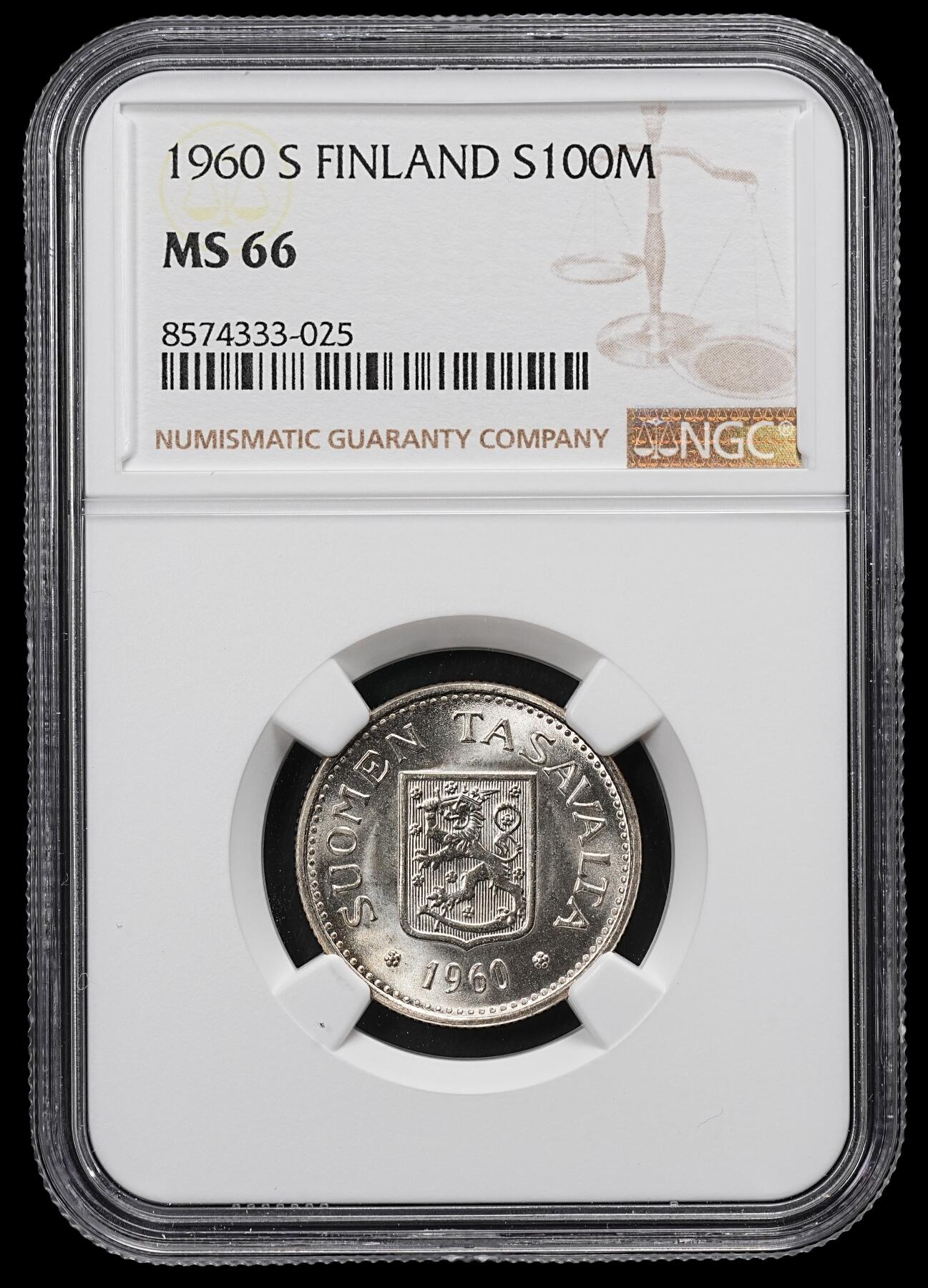 修遠堂世界钱币第九十六期 NGC MS66 1960年芬兰100马克银币 最少的年份