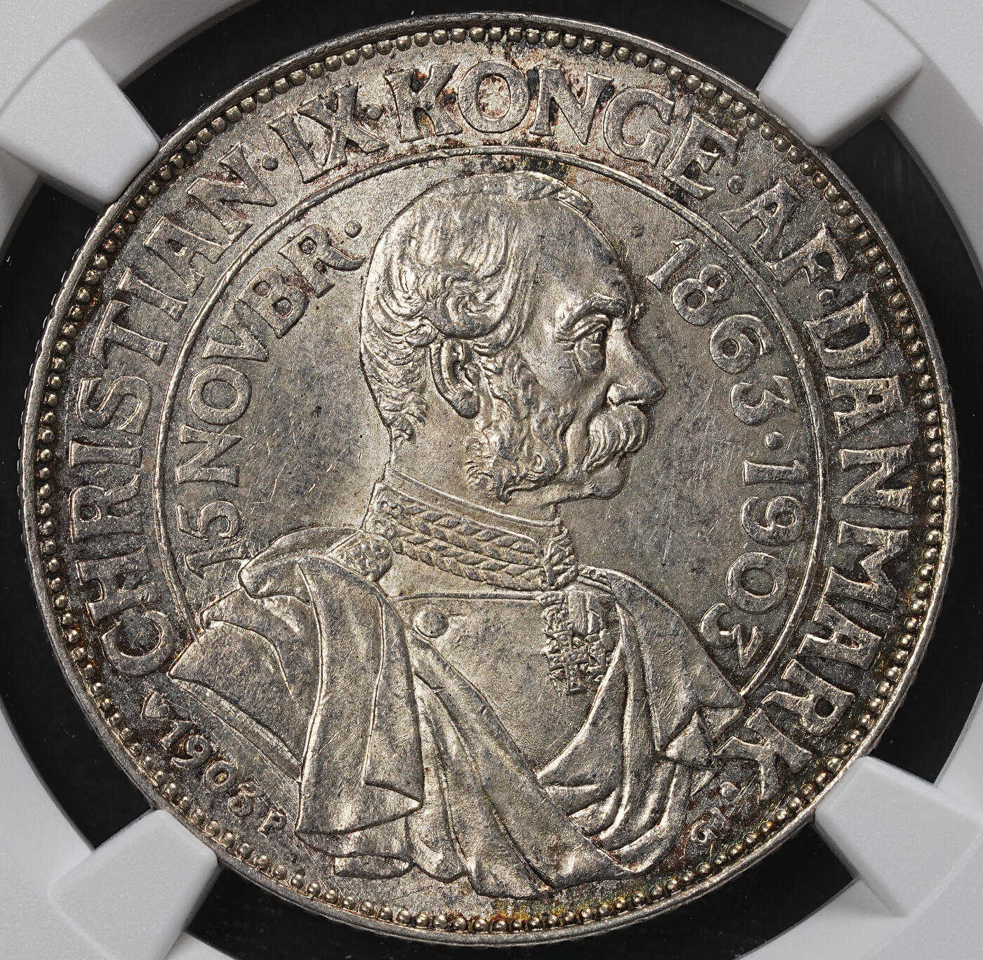 修遠堂世界钱币第九十六期 NGC MS63 1903年丹麦国王登基40周年纪念2克朗银币