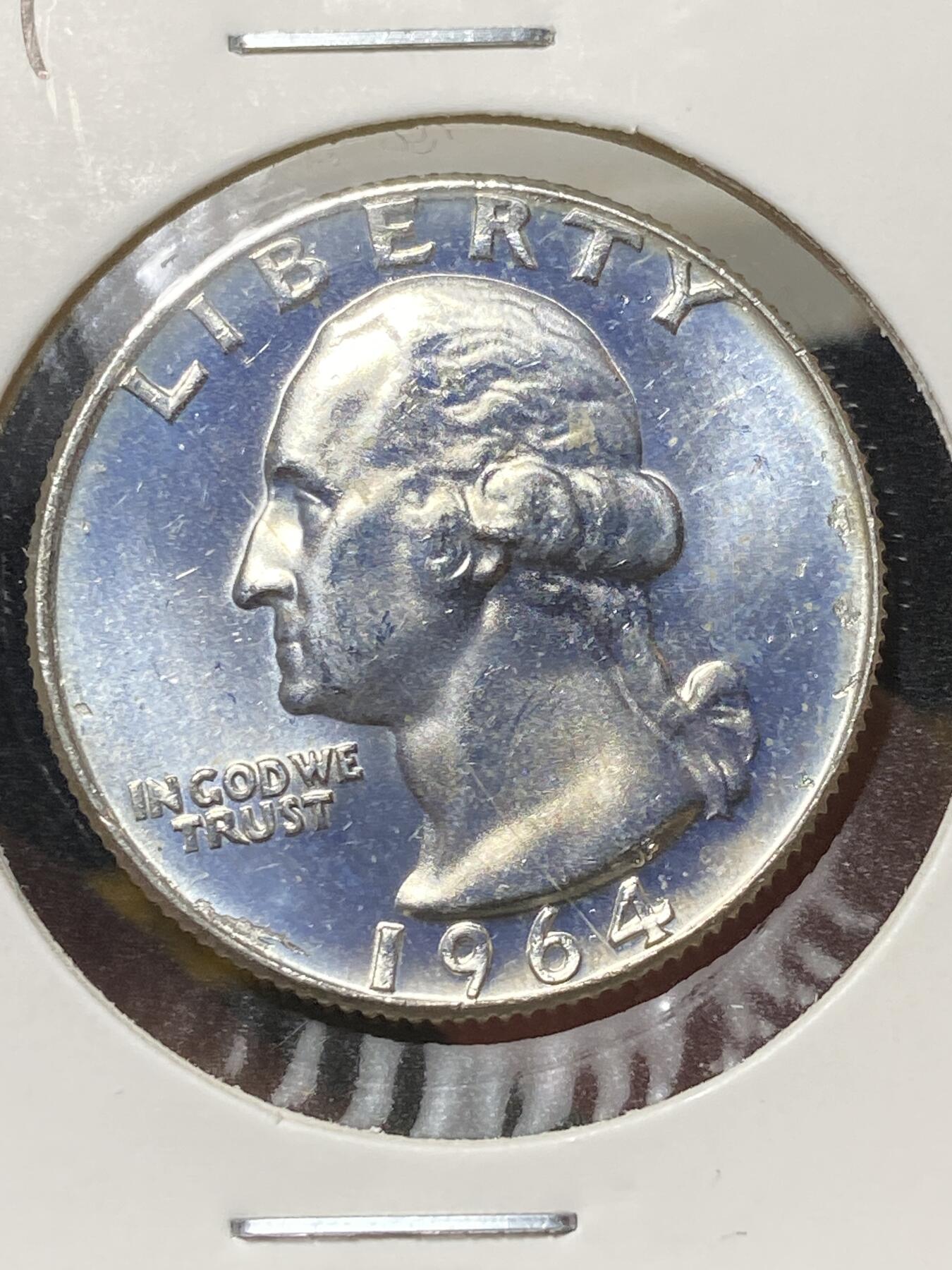 2025年第一百三十三场(总第一百五十九场）外国好品纸夹散币场(免佣金) 原光未流通–美国🇺🇸1964年1/4元银币(华盛顿1/4元第一版关门年，D标丹佛造，900高银)