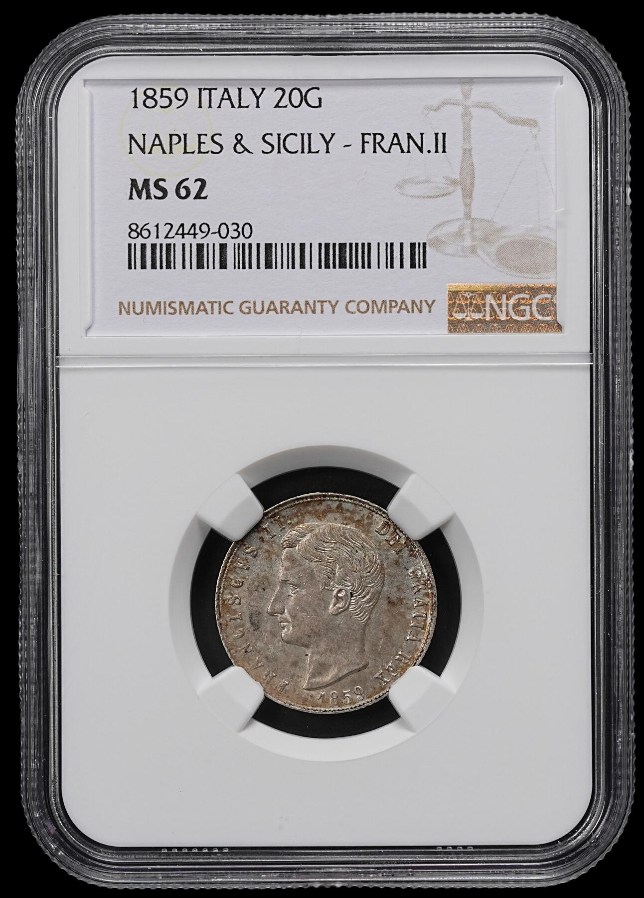 修遠堂世界钱币第九十六期 NGC MS62 1859年那不勒斯与西西里王国20 GRANA银币