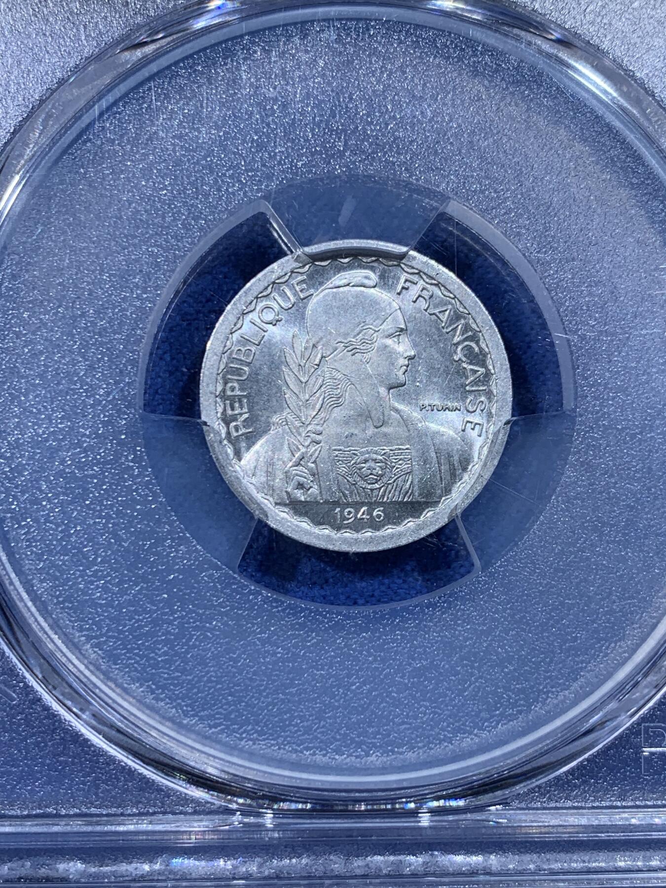 《竞宝斋》第444场 周日，周一，2场连拍 （全场包邮） PCGS SP64 法属印支 1946年 5分样币 状态分数都很不错