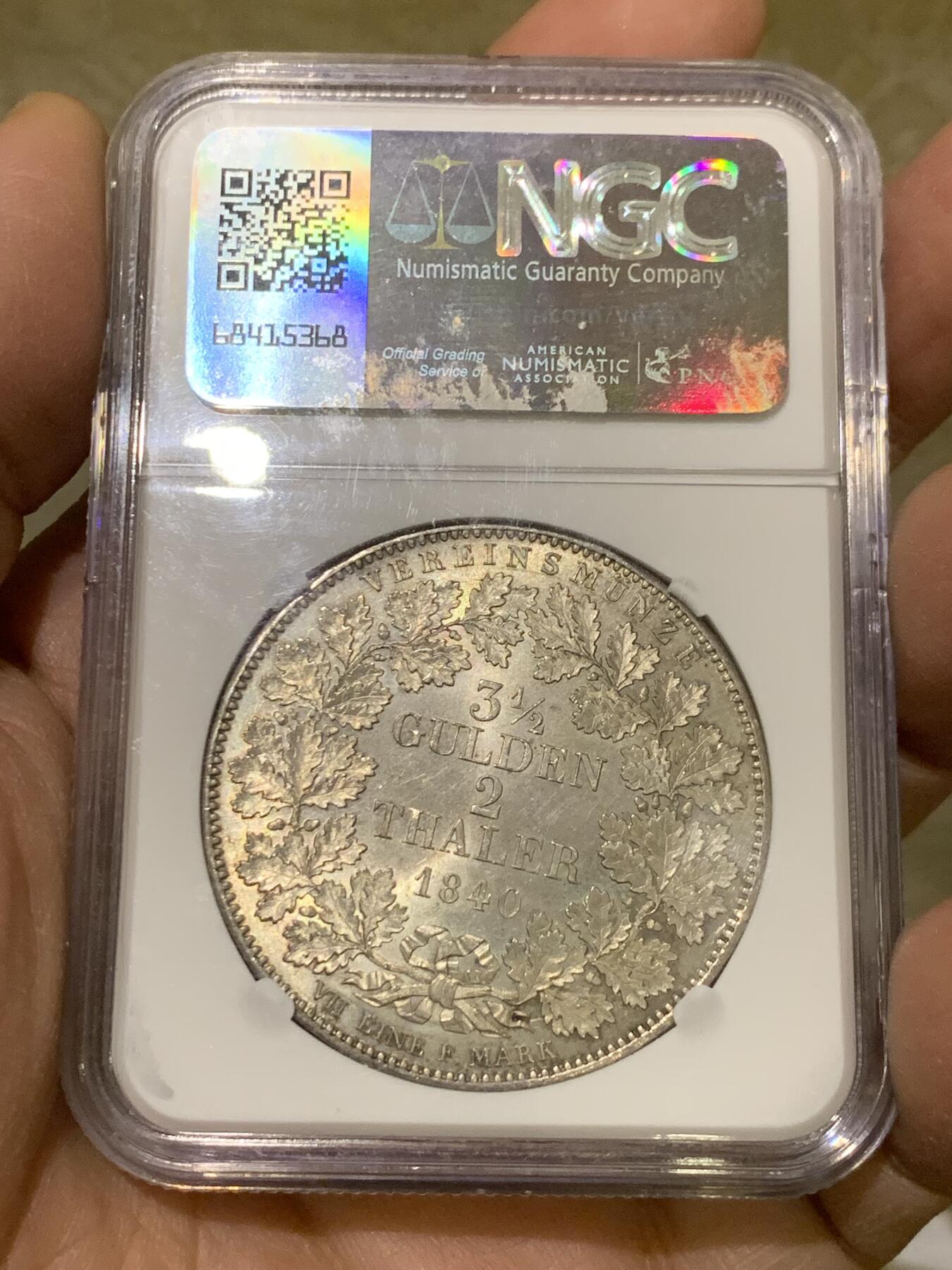 《竞宝斋》第444场 周日，周一，2场连拍 （全场包邮） NGC MS63 德国 1840年 巴伐利亚 路德维希一世 2泰勒 大银币 37克大规格 转光细节都极好 更高分只有3枚