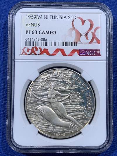 《竞宝斋》第444场 周日，周一，2场连拍 （全场包邮） - NGC PF63CAMEO 突尼斯1969年突尼斯历史系列-维纳斯1第纳尔银币 热门美女拉大肠