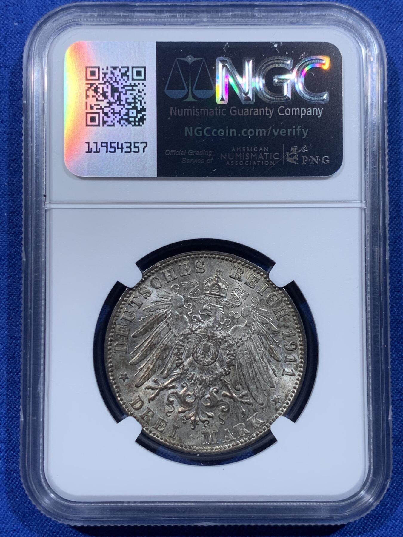 《竞宝斋》第444场 周日，周一，2场连拍 （全场包邮） NGC MS62 德国 1911年 巴伐利亚柳特波德3马克银币