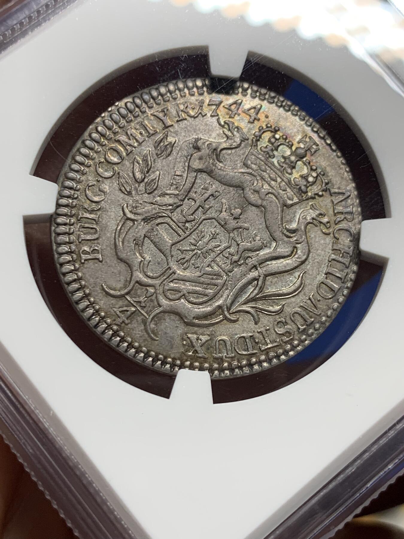 《竞宝斋》第444场 周日，周一，2场连拍 （全场包邮） NGC AU55 神圣罗马帝国1744年特蕾莎女王1/4泰勒银币  季军分，黄油原光包浆，严重低评，稀缺品种