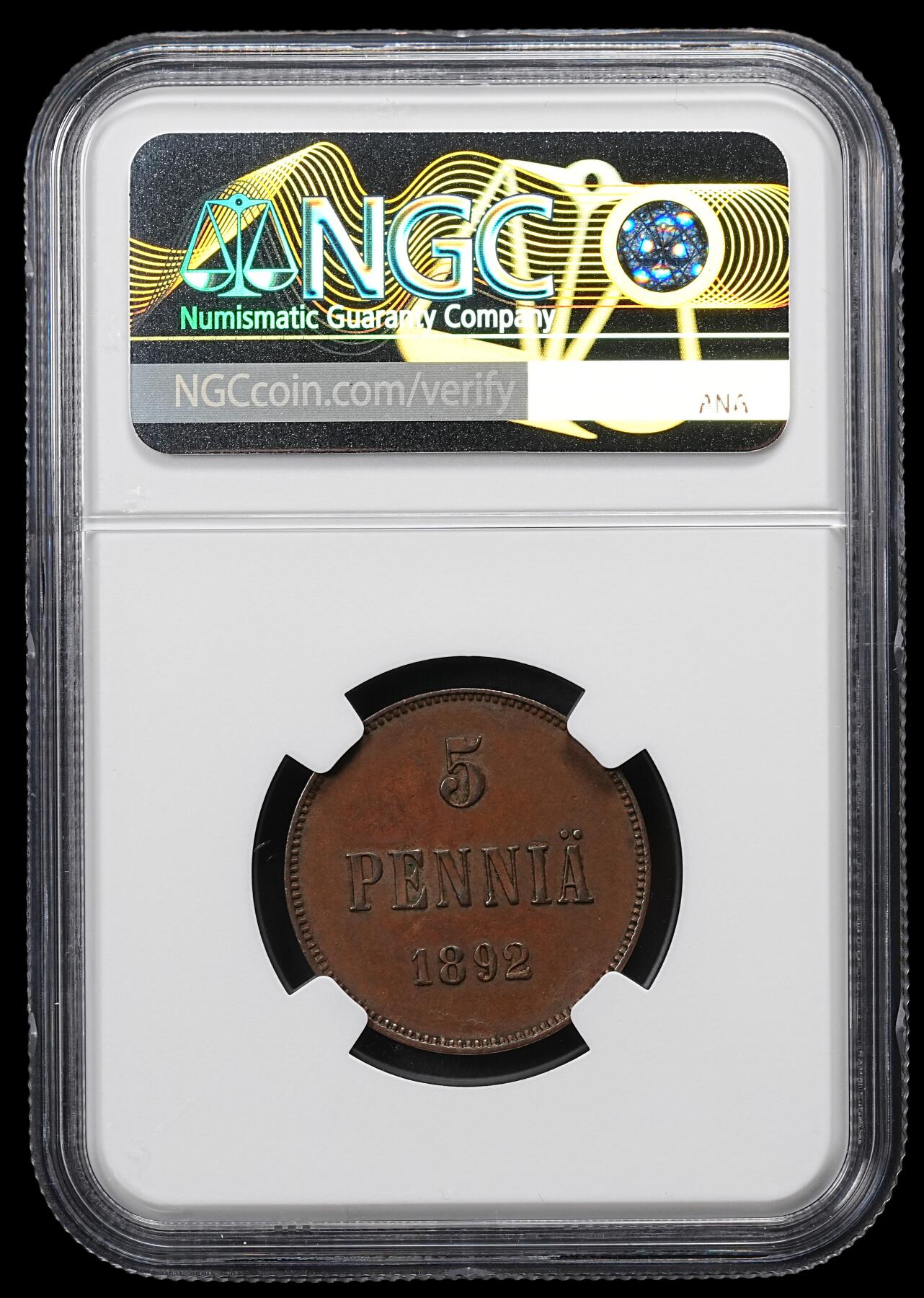 修遠堂世界钱币第九十六期 NGC AU58BN 1892年芬兰5盆尼铜币 少见的年份 仅33万枚铸造量