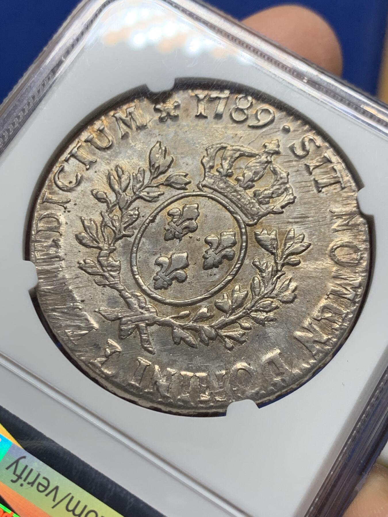 《竞宝斋》第444场 周日，周一，2场连拍 （全场包邮） NGC AU58 法国 1789年L 大革命年份 路易十六埃居大银币 打制不错 整体带光