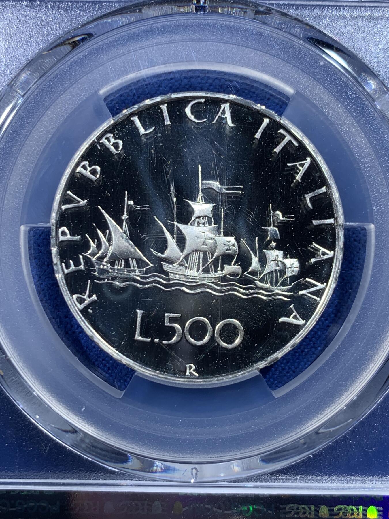 《竞宝斋》第444场 周日，周一，2场连拍 （全场包邮） 亚军分 PCGS PR68DCAM 意大利 1985年 帆船少女 精制500里拉银币 首年发行的精制 镜面光十足