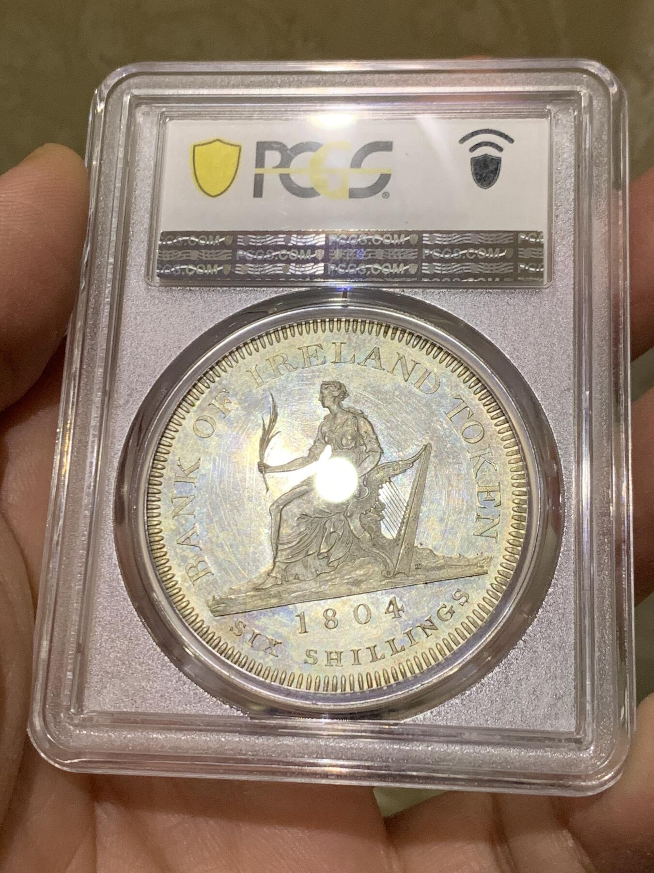 《竞宝斋》第444场 周日，周一，2场连拍 （全场包邮） PCGS PR63CAM 爱尔兰银行1804年乔治三世6先令银币，Cameo镜面底板美不胜收。