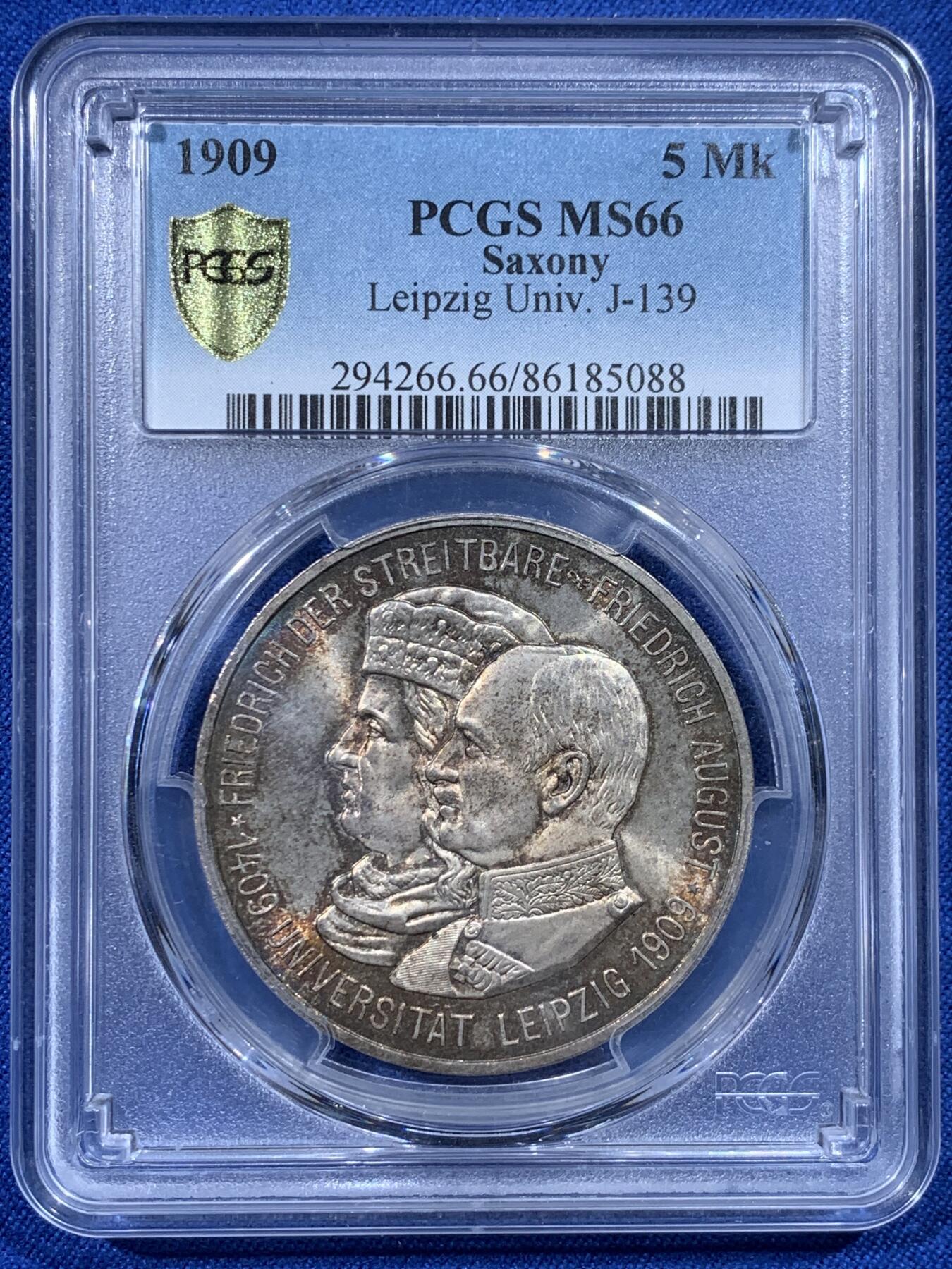 《竞宝斋》第444场 周日，周一，2场连拍 （全场包邮） PCGS MS66 德国1909年萨克森莱比锡大学创校500周年纪念流通5马克 金闪闪的包浆裹身 顶级收藏选择