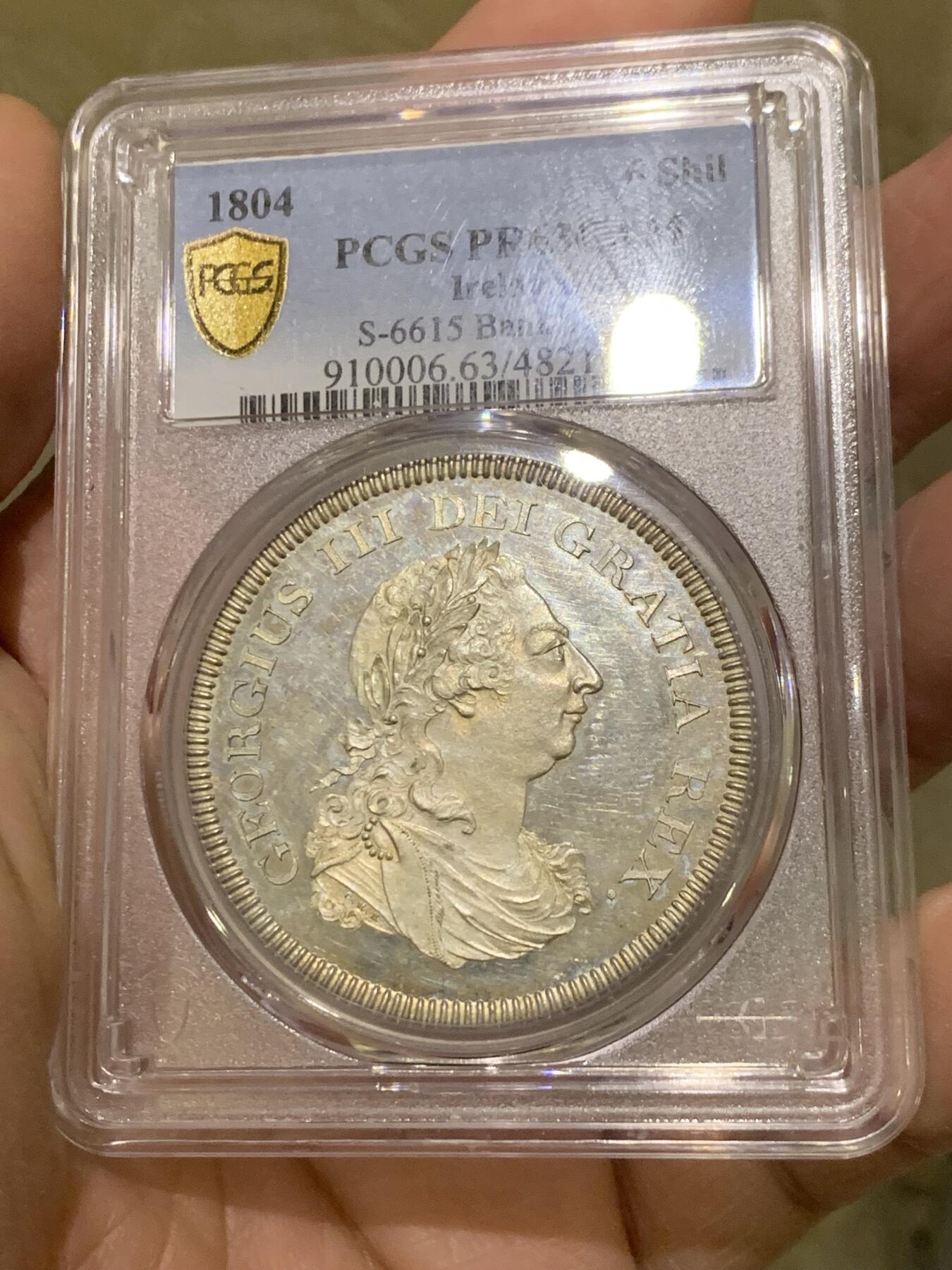 《竞宝斋》第444场 周日，周一，2场连拍 （全场包邮） PCGS PR63CAM 爱尔兰银行1804年乔治三世6先令银币，Cameo镜面底板美不胜收。
