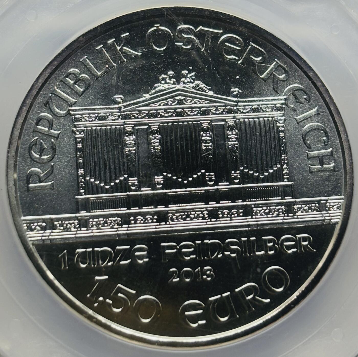 文馨钱币收藏第 283 场，【大雪鉴珍，寒英缀金】金银纪念币精品场，诚邀您的参与【长期接代拍品】 2013 年奥利地音乐银币 1.5 欧元纪念币，重 31.1 克 999 纯银中标国评 MS69 亚军分