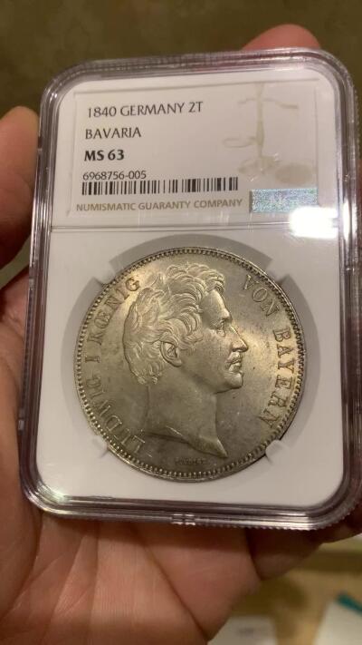 《竞宝斋》第444场 周日，周一，2场连拍 （全场包邮） NGC MS63 德国 1840年 巴伐利亚 路德维希一世 2泰勒 大银币 37克大规格 转光细节都极好 更高分只有3枚