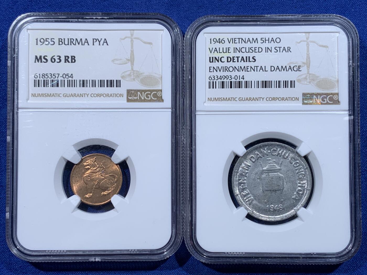 《竞宝斋》第444场 周日，周一，2场连拍 （全场包邮） 两枚一组 NGC UNC 北越1946年香炉5HAO铝币 东南亚铝币保存不易 + NGC MS63RB 缅甸1955年麒麟1PYA铜币 原味包浆
